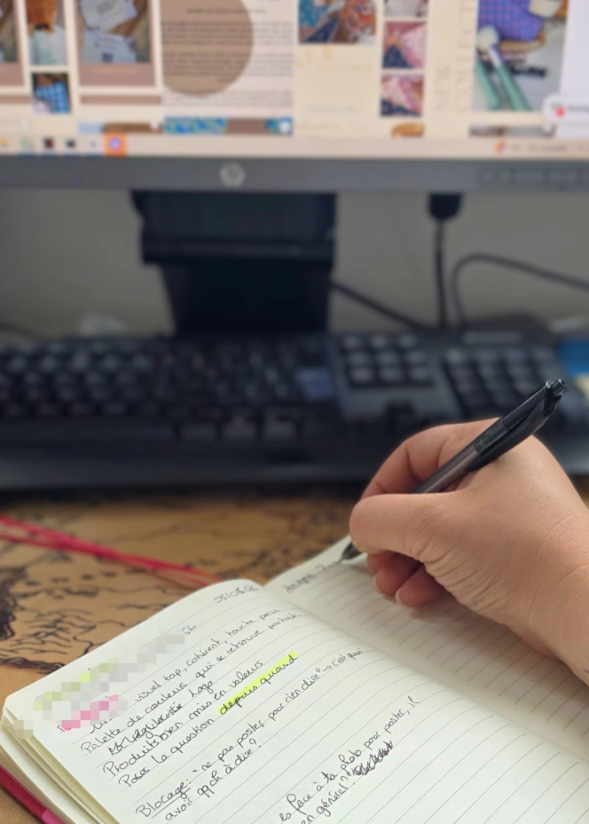Accueil Main de Gaya qui écrit dans un carnet, en amont de la stratégie de contenu instagram